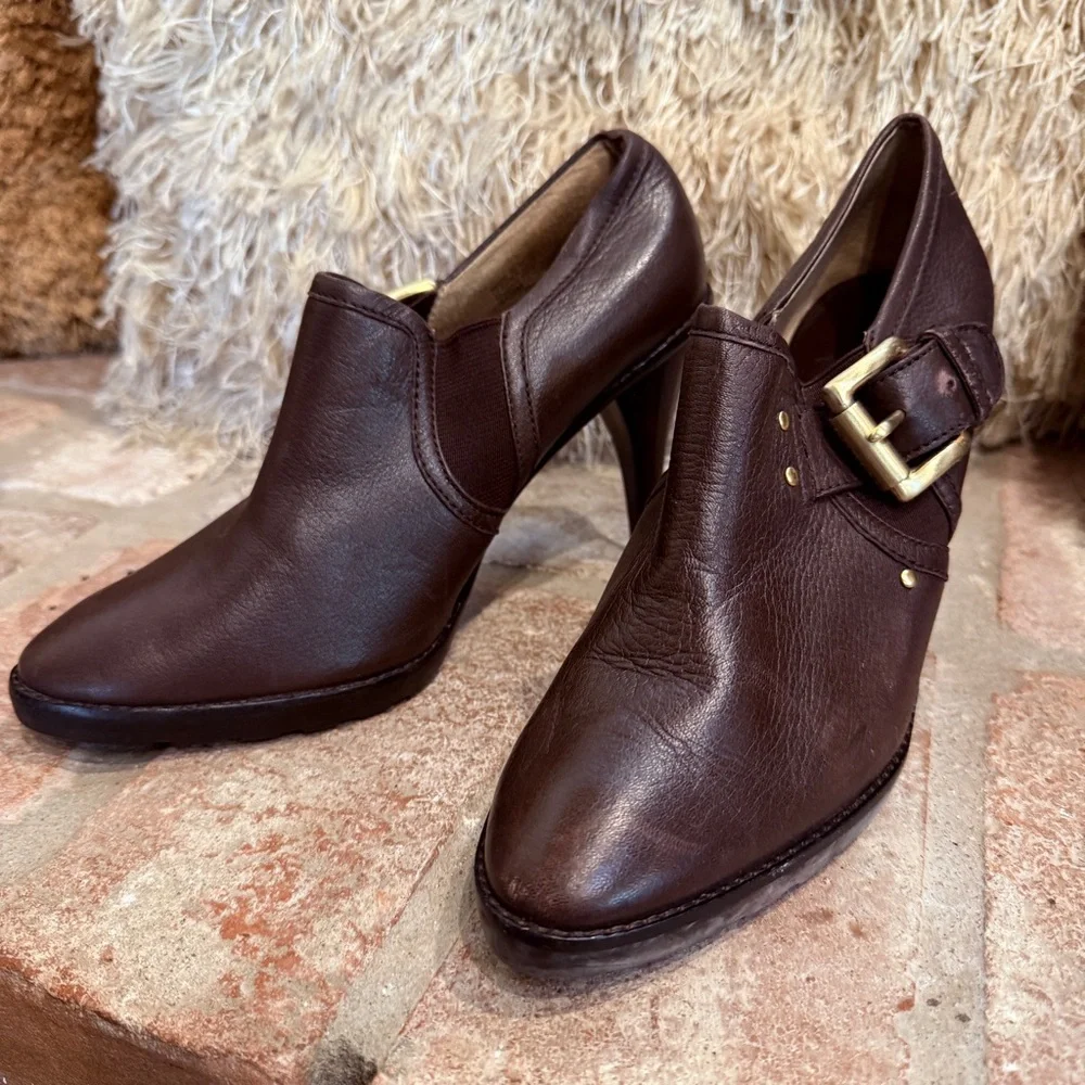 Brown Leather Gold Buckle Heeled Ankle Boo… - Picture 4 of 12